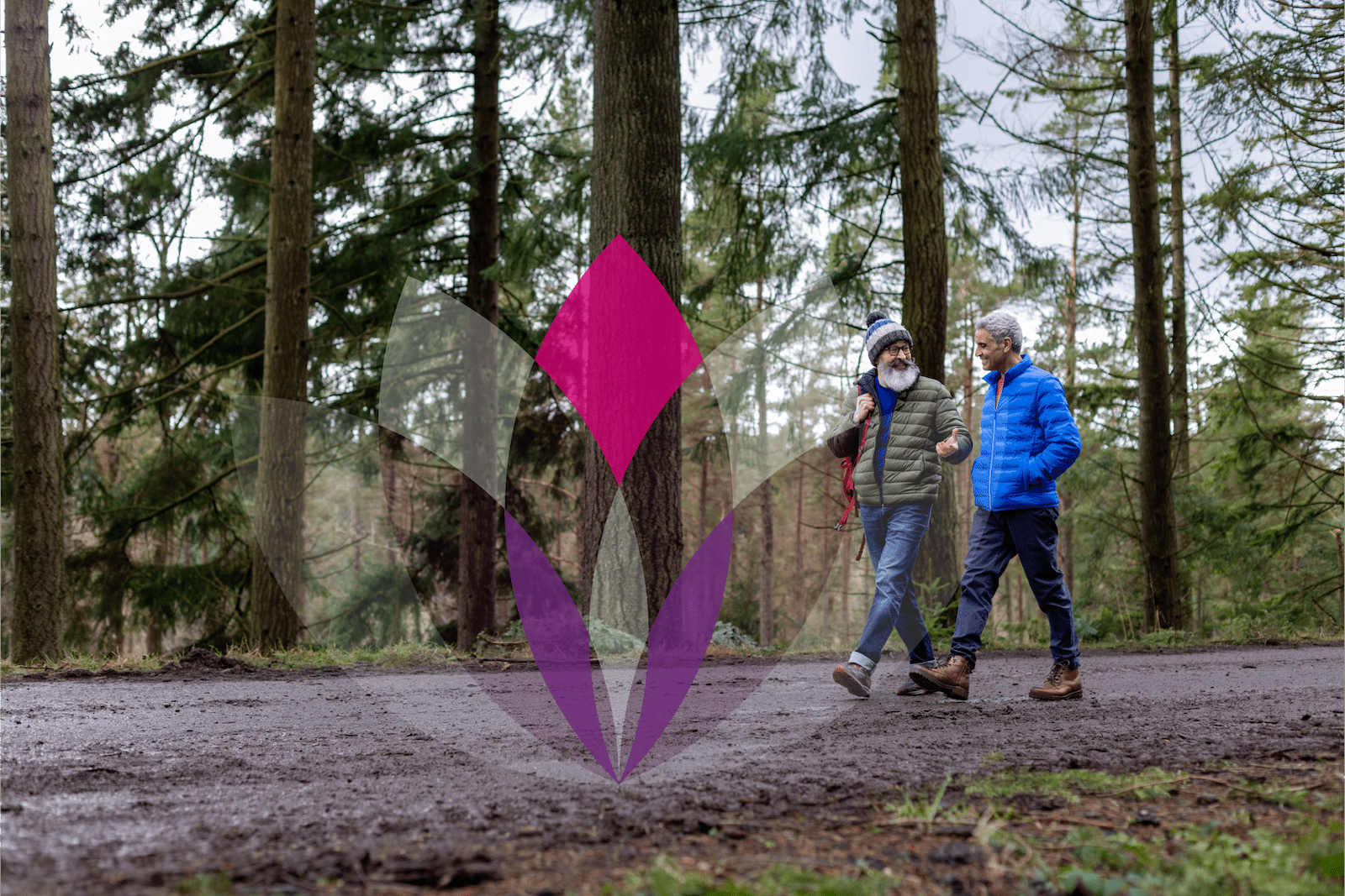 Two older gentlemen taking a stroll through woods
